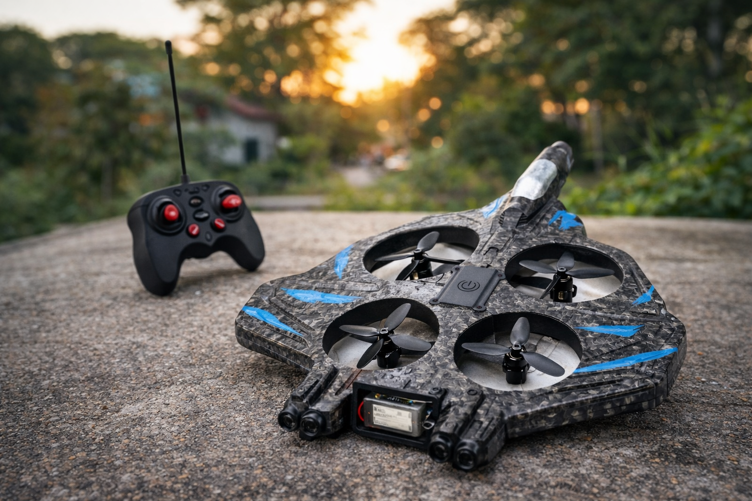 Drone and remote control on a surface with a blurred natural background